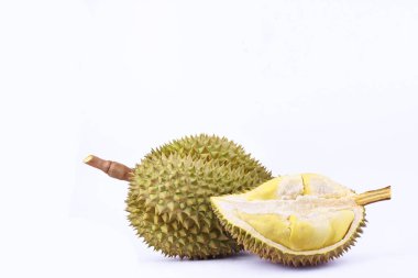   Durian mon tangası meyve tropikal durian ve meyve durian kralıdır beyaz arka planda sağlıklı Durian meyvesi izole edilmiş