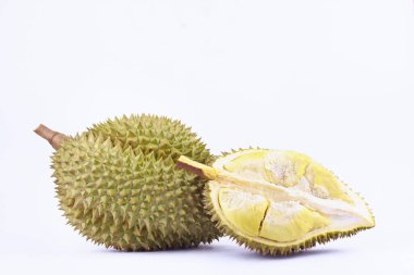   Durian mon tangası meyve tropikal durian ve meyve durian kralıdır beyaz arka planda sağlıklı Durian meyvesi izole edilmiş