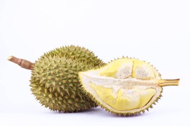   Durian mon tangası meyve tropikal durian ve meyve durian kralıdır beyaz arka planda sağlıklı Durian meyvesi izole edilmiş