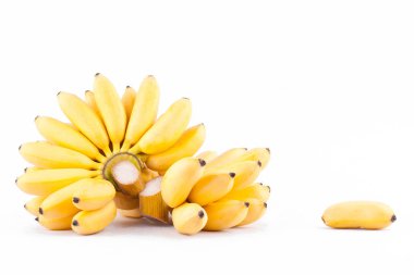  Lady Finger muz ve beyaz zemin üzerinde altın muz eli sağlıklı Pisang Mas muz meyvesi izole