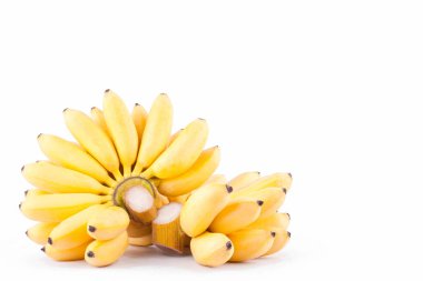  Lady Finger muz ve beyaz zemin üzerinde altın muz eli sağlıklı Pisang Mas muz meyvesi izole