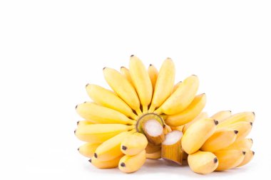 Olgun yumurta muz ve beyaz zemin üzerinde altın muz eli sağlıklı Pisang Mas muz meyvesi izole