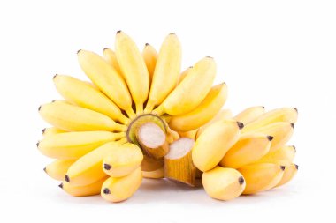 Olgun yumurta muz ve beyaz zemin üzerinde altın muz eli sağlıklı Pisang Mas muz meyvesi izole