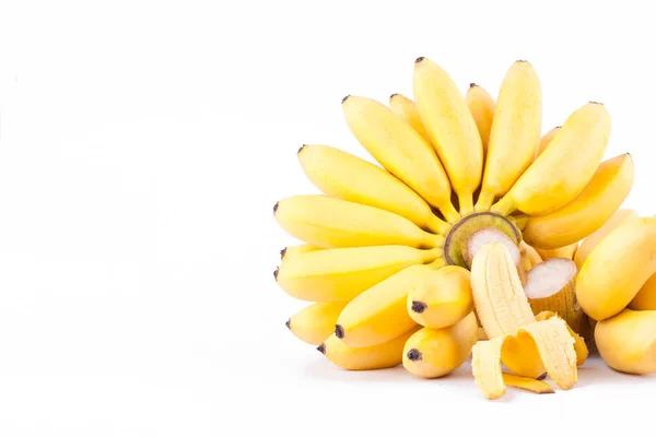 Полуочищенный Яйцо Банан Две Руки Золотые Бананы Белом Фоне Здоровый Стоковая Картинка