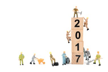 Minyatür çalışan ekip ahşap blok numarası 2017 oluşturma