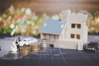 Minyatür insanlar gelin ve damat sikke para vasıl ev ile 