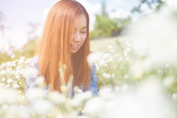 Retrato de la mujer asiática feliz sonriendo en el jardín del crisantemo —  Fotos de Stock