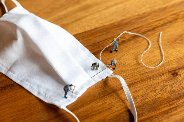 Miniature People Worker Team Making Homemade Mask White Fabric Wood — Stock Photo, Image