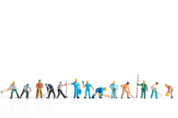 Miniature People Worker Team Standing White Background Copy Space Your — Stock fotografie