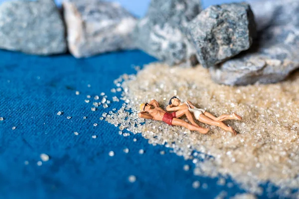 Miniature People Wearing Swimsuit Relaxing Beach Blue Background Summer Time — стоковое фото