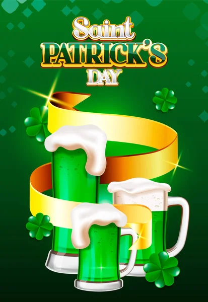 Saint Patrick's Day beer and golder ribbon background — Stock Vector