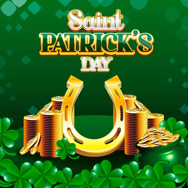 Saint Patrick pile de pièces d'or et de fer à cheval chanceux — Image vectorielle