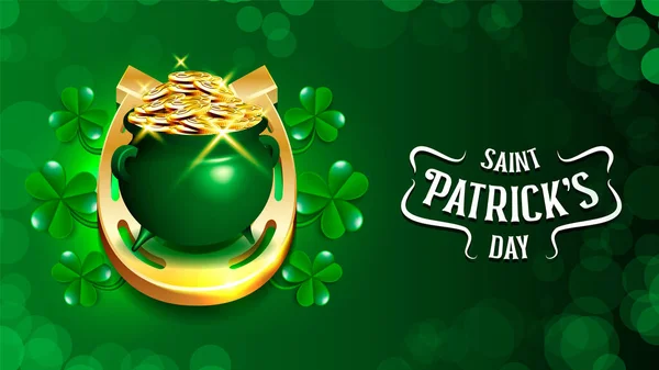 St. Patrick's Day vaso d'oro e dorato disegno vettore di scarpe da cavallo. Biglietto di auguri per la festa religiosa irlandese con foglie di trifoglio — Vettoriale Stock