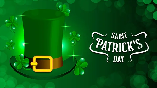 Tema di festa di San Patrizio con monete d'oro, cappello verde e trifoglio su sfondo verde — Vettoriale Stock