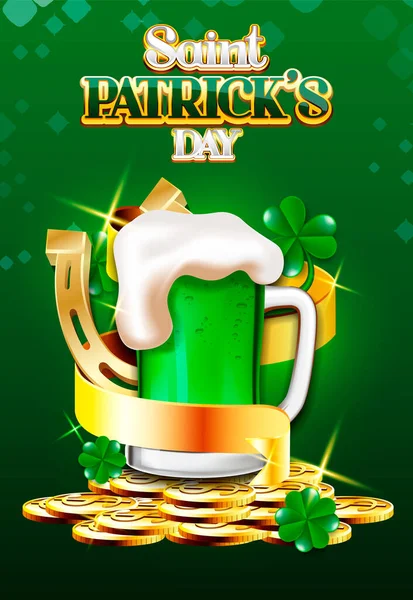 Poster affiche bière et ruban doré Saint Patrick — Image vectorielle