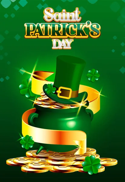 Joyeux St Patrick pile de pièces et chapeau de lutin — Image vectorielle