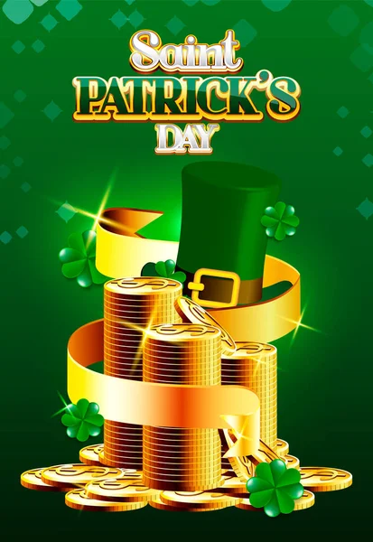 Saint Patrick pile de pièces et fond de ruban d'or — Image vectorielle