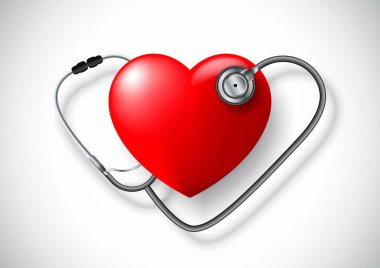 Kalp şeklinde bir steteskop ve beyaz arka planda izole edilmiş kırmızı bir kalp.