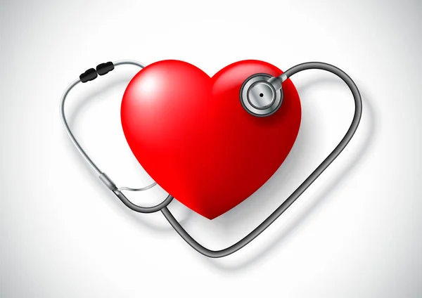 Estetoscópio em forma de coração e coração vermelho, isolado sobre fundo branco — Vetor de Stock