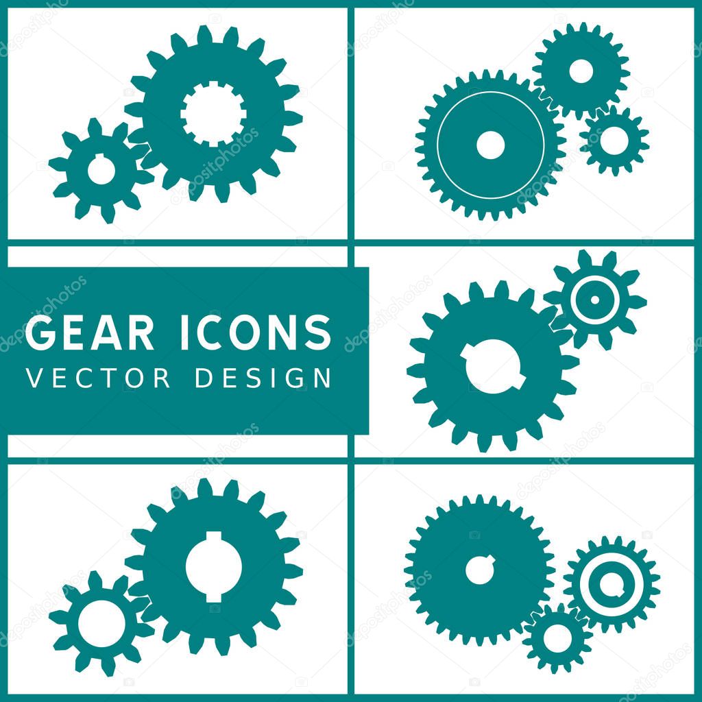 5 sets of green mechanical gear icons on white background. Vector illustration.
