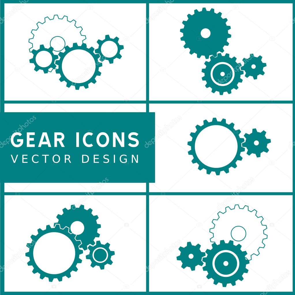 5 sets of green mechanical gear icons on white background. Vector illustration.