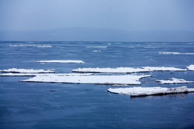 Denizde buzlar yüzüyor. Soğuk suda beyaz buzdağları.