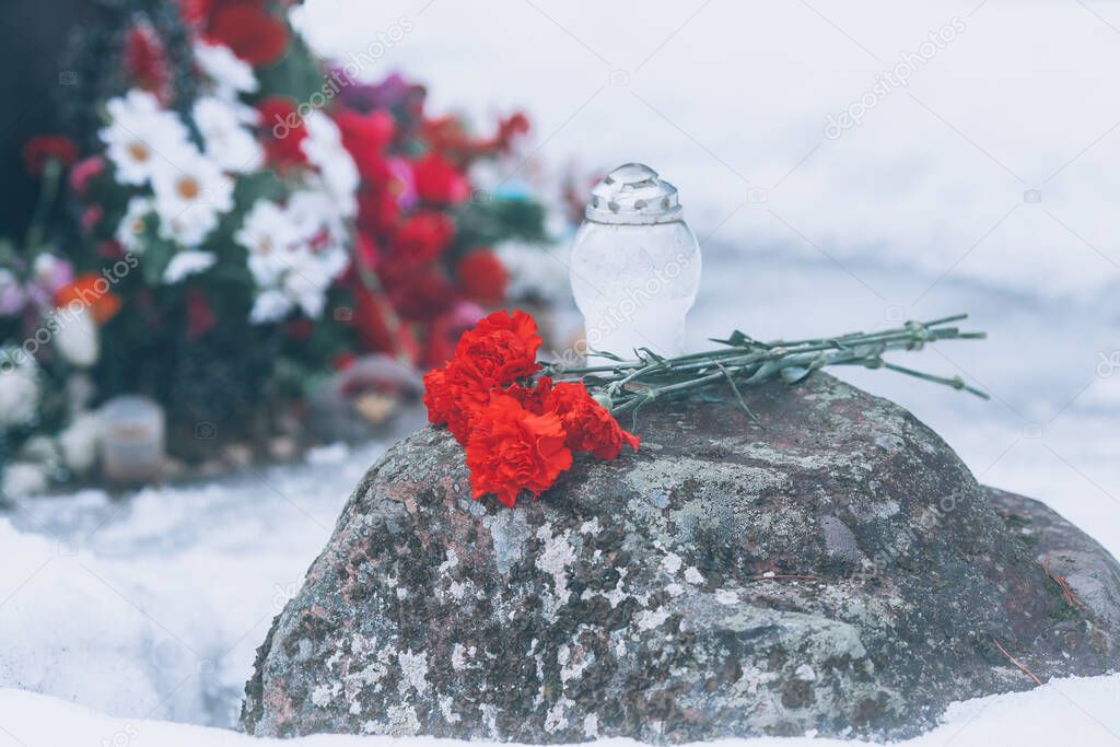 Memorial flowers. Red carnations on the stone in memory of the war. World War II, the Great Patriotic War, wreaths and carnations.