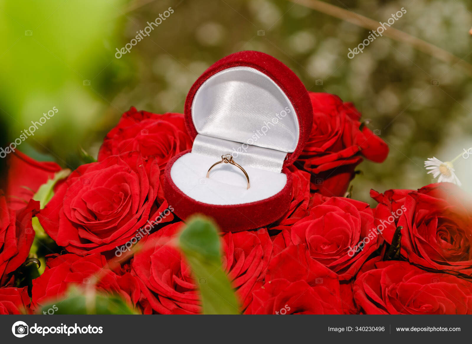 赤いバラの花束に赤い箱に結婚指輪 — ストック写真 © allexandr