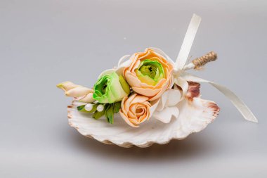 Beyaz arka planda çiçekli deniz kabukları. Yakın plan.