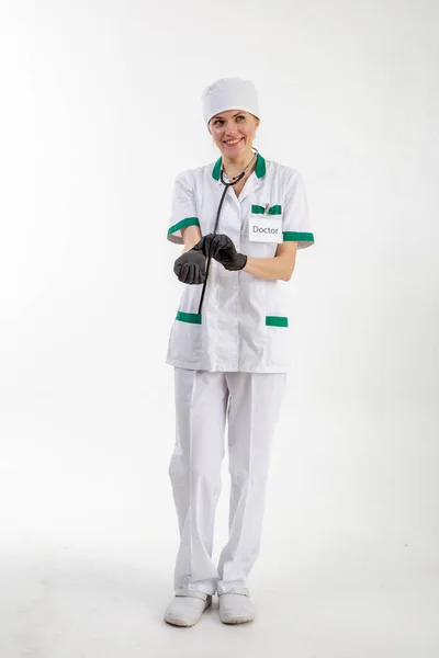 Dokter Een Witte Jas Trekt Handschoenen Aan — Stockfoto