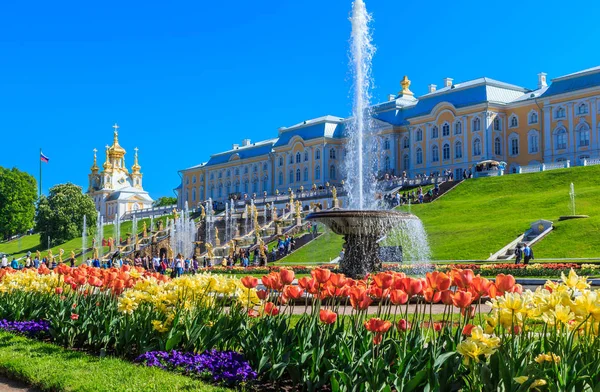 Palast und große Kaskade von Springbrunnen lizenzfreie Stockbilder