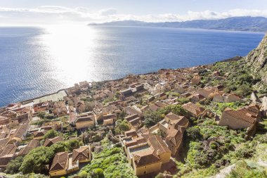 Monemvasia, Yunanistan'ın Bizans Kenti havadan görünümü