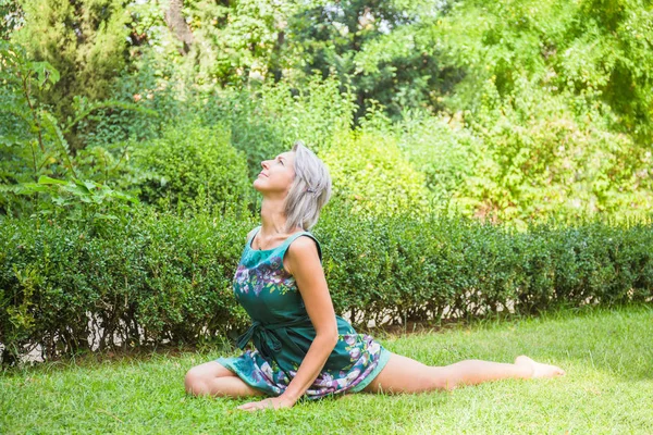 Девушка практикует yoga и практикуя postures yoga, изумительные postures yoga в траве — стоковое фото