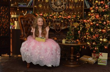 Yeni yıl, Noel, kızım, dilekler diliyor, rüyaları gerçekleştiriyor, pembe bir elbiseyle.