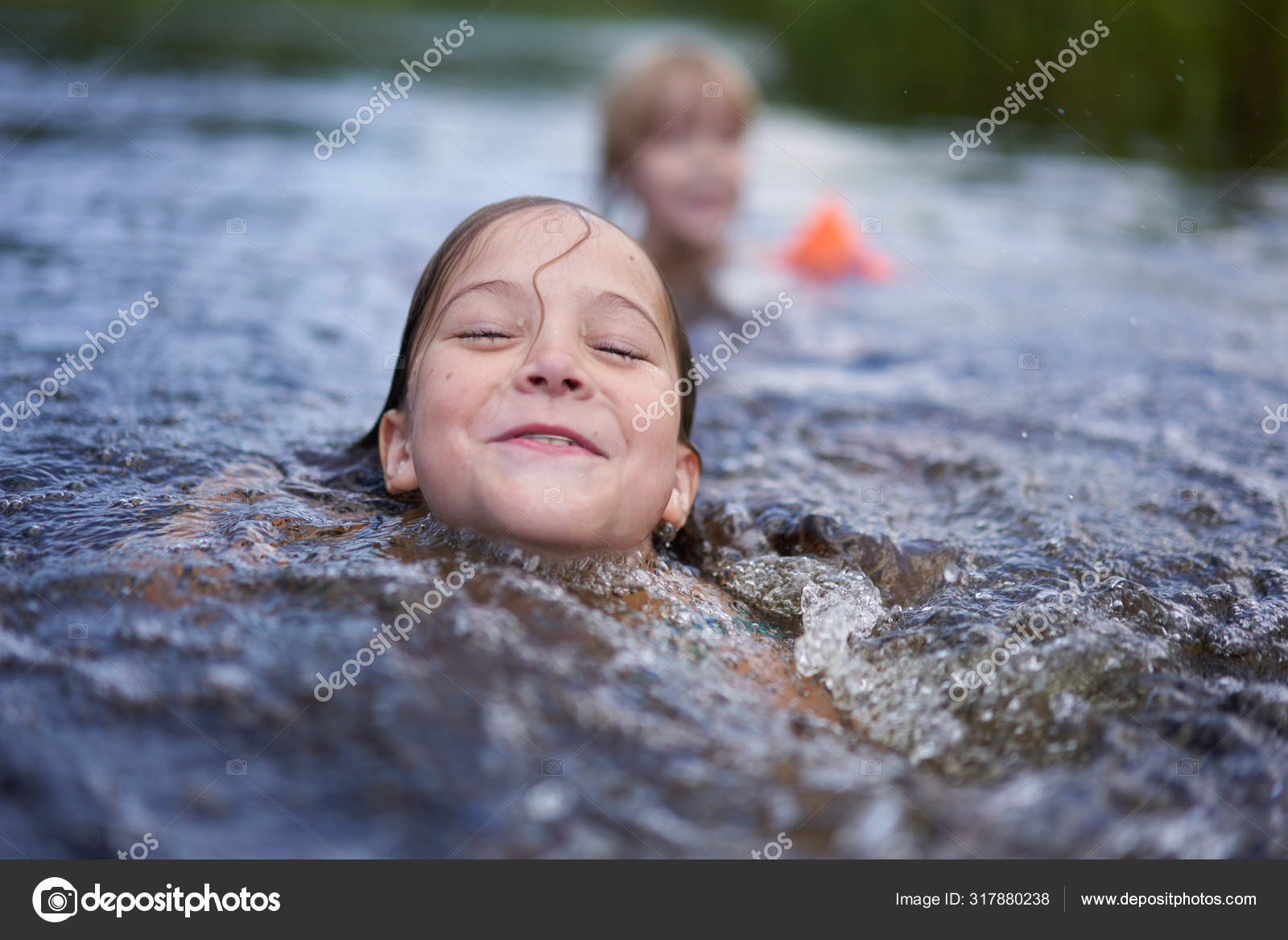 Two Girls Swim Small Pond Shore — Stock Photo © photopam 317880238