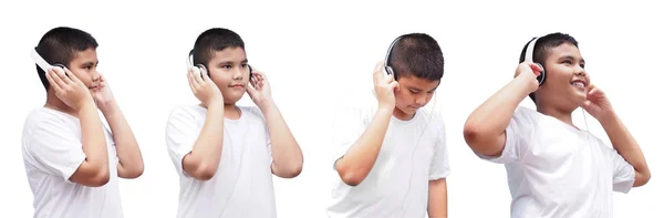 Feliz asiático chico con blanco camisa usando auriculares y escuchar — Foto de Stock