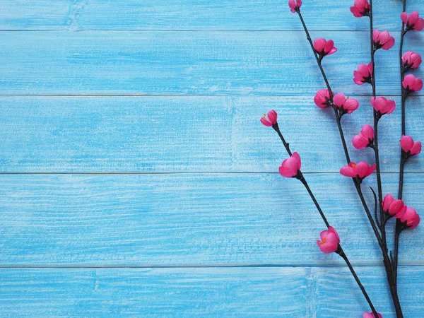 Kleine rosa Blütenblumen auf blauem Holz Hintergrund — Stockfoto