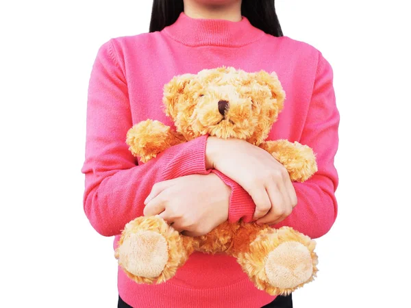 Aziatisch meisje met lang haar en bruin teddybeer in haar arm — Stockfoto