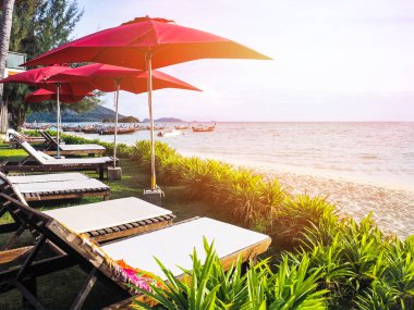 Beyaz sandalye ve şemsiye yaz sahilde 