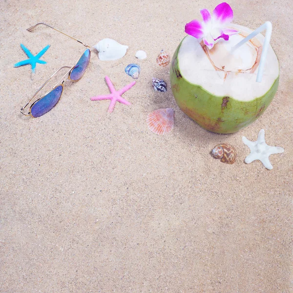 Kokos drink och snäckskal på sand — Stockfoto