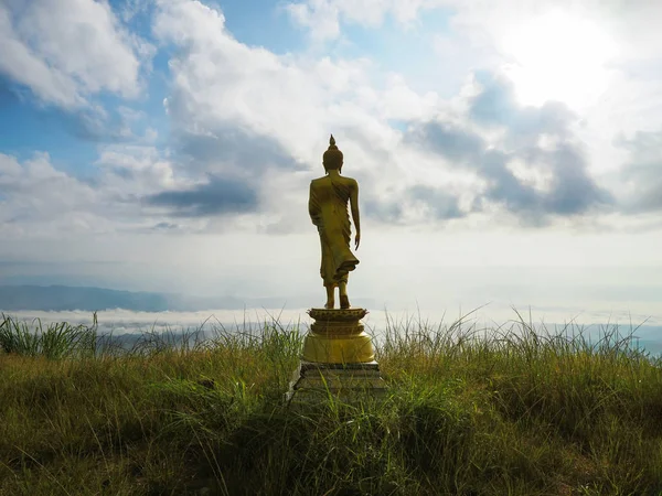 Back view of golden great buddha statue on the top of mountain — Stock Photo, Image