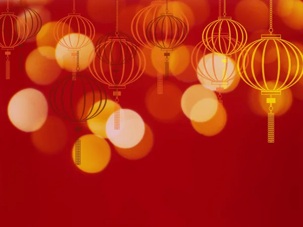 Golden Lantern form och guld bokeh mönster på röd bakgrund — Stockfoto