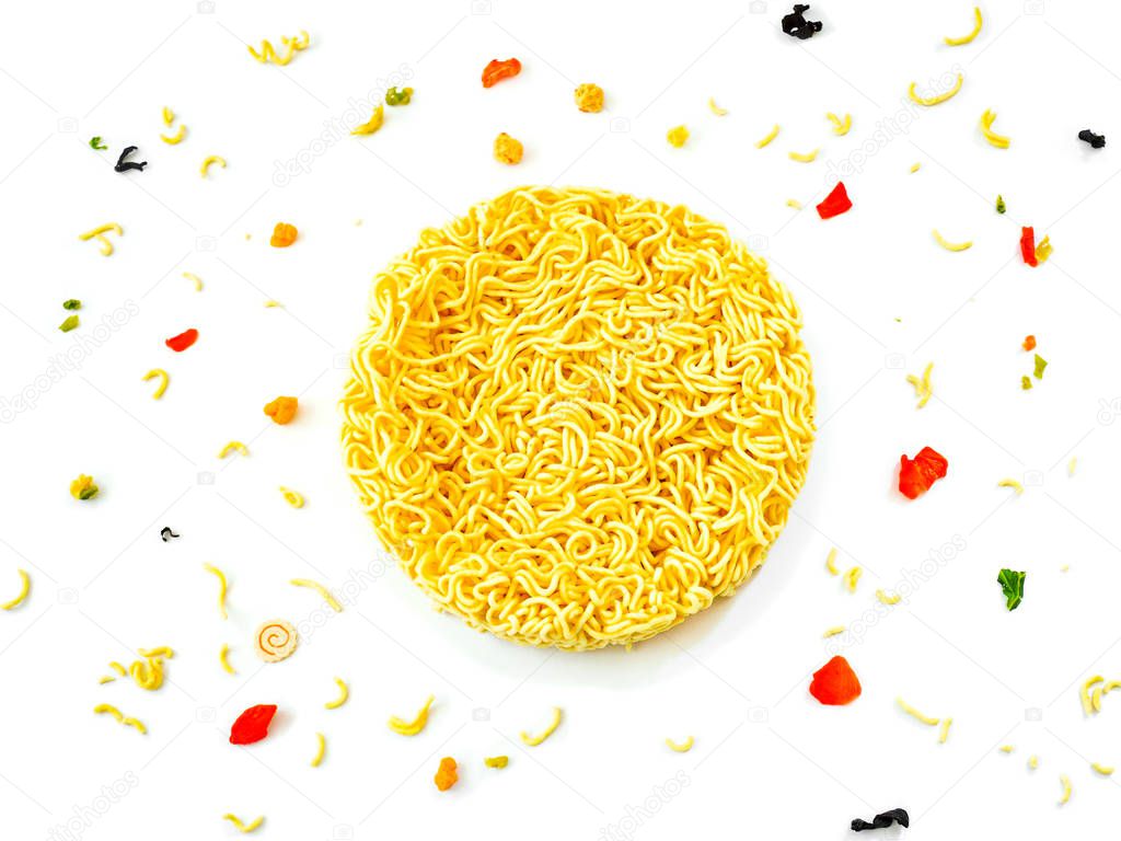 Top view of instant noodles on white background.