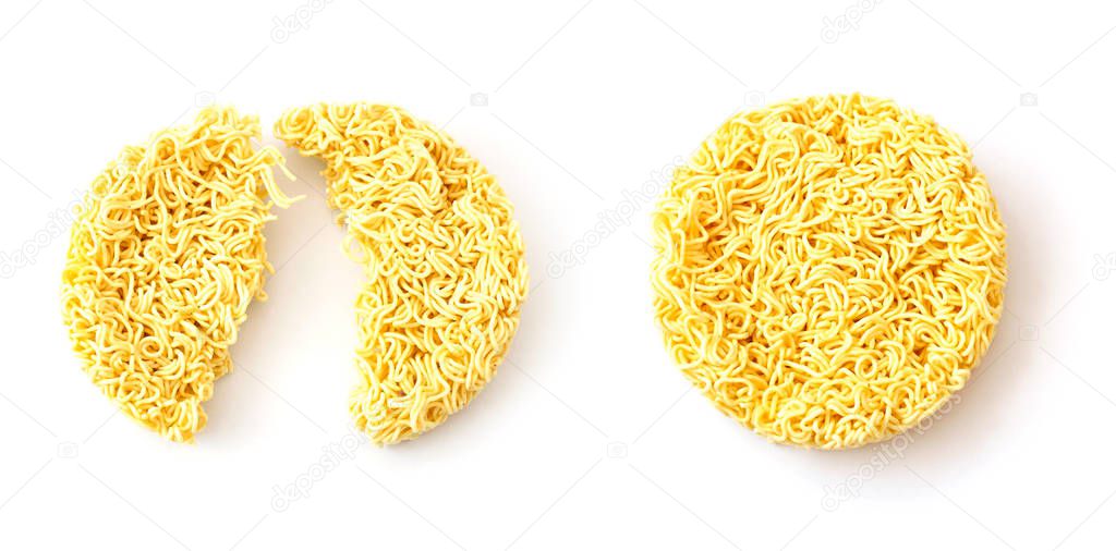 Top view of instant noodles on white background.