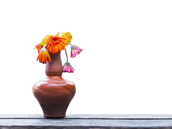 Gerberas marchitas en jarrón marrón sobre fondo blanco —  Fotos de Stock