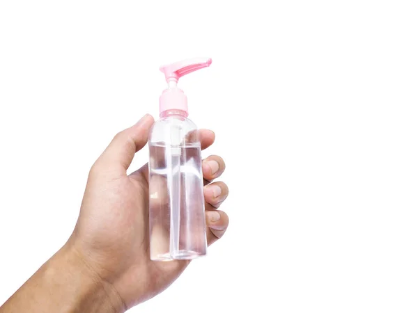 Close Man Hand Holding Bottle Sanitizer Gel Washing Isolated White — Stock Photo, Image