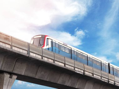 Şehir merkezinde mavi gökyüzü arka planında çalışan gökyüzü treni..