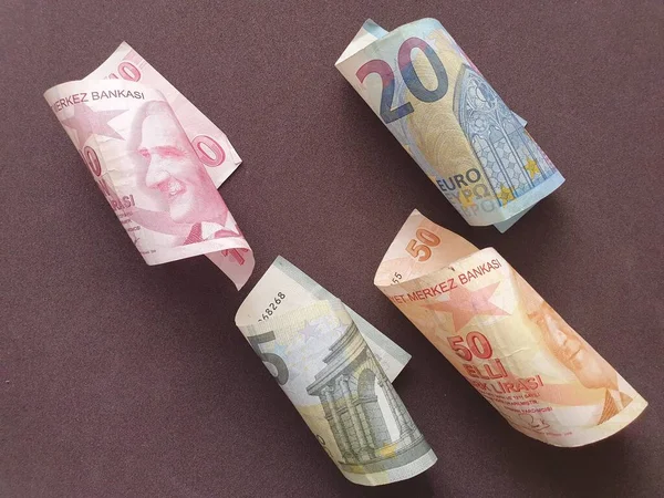 Växelkurs för turkiska och europeiska pengar — Stockfoto