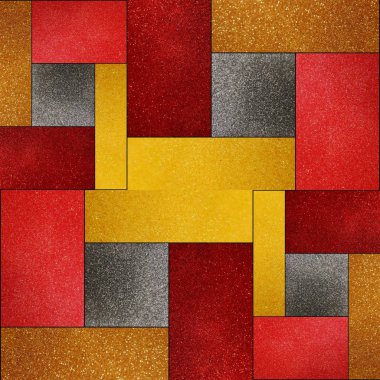Kırmızı, sarı, kahverengi ve gri renkte geometrik desenli yaratıcı tasarım