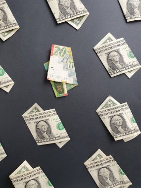 Amerikan 1 dolarlık banknotlar ve siyah arkaplanda 20 şekel banknot.